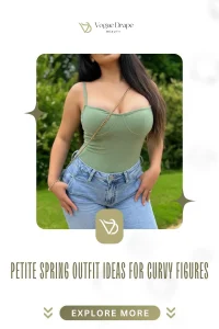 Stylish woman wearing a floral V-neck wrap dress, showcasing petite spring outfit ideas for curvy figures in a garden setting.