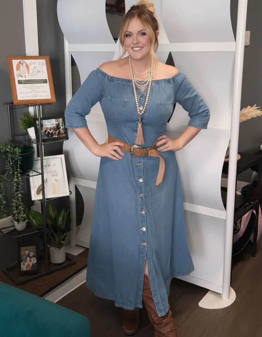 Plus size woman in acid-wash denim off-the-shoulder mini dress
