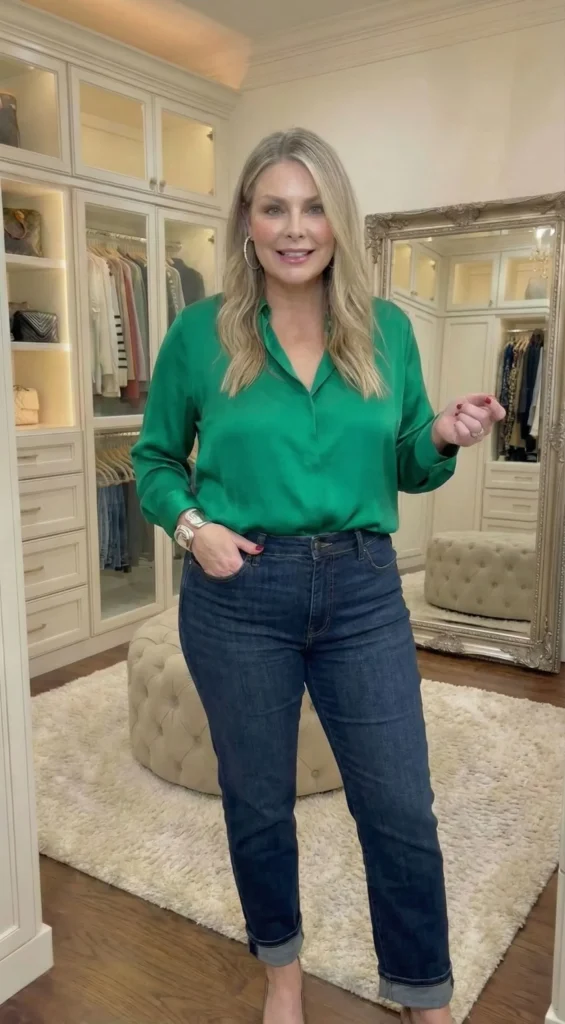 Plus size woman wearing dark wash straight leg jeans and emerald blouse