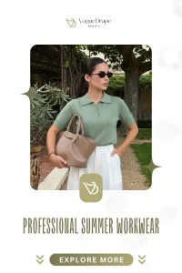 A woman wearing a cream tailored waistcoat and matching wide-leg trousers as a professional summer workwear option without a blazer.