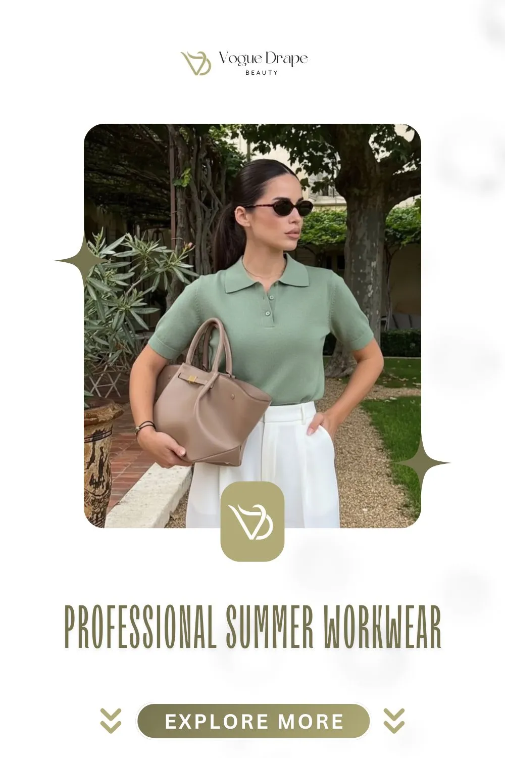 A woman wearing a cream tailored waistcoat and matching wide-leg trousers as a professional summer workwear option without a blazer.