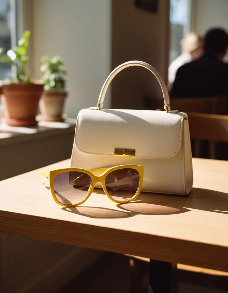 Oversized yellow sunglasses and a white handbag on a sunny cafe table