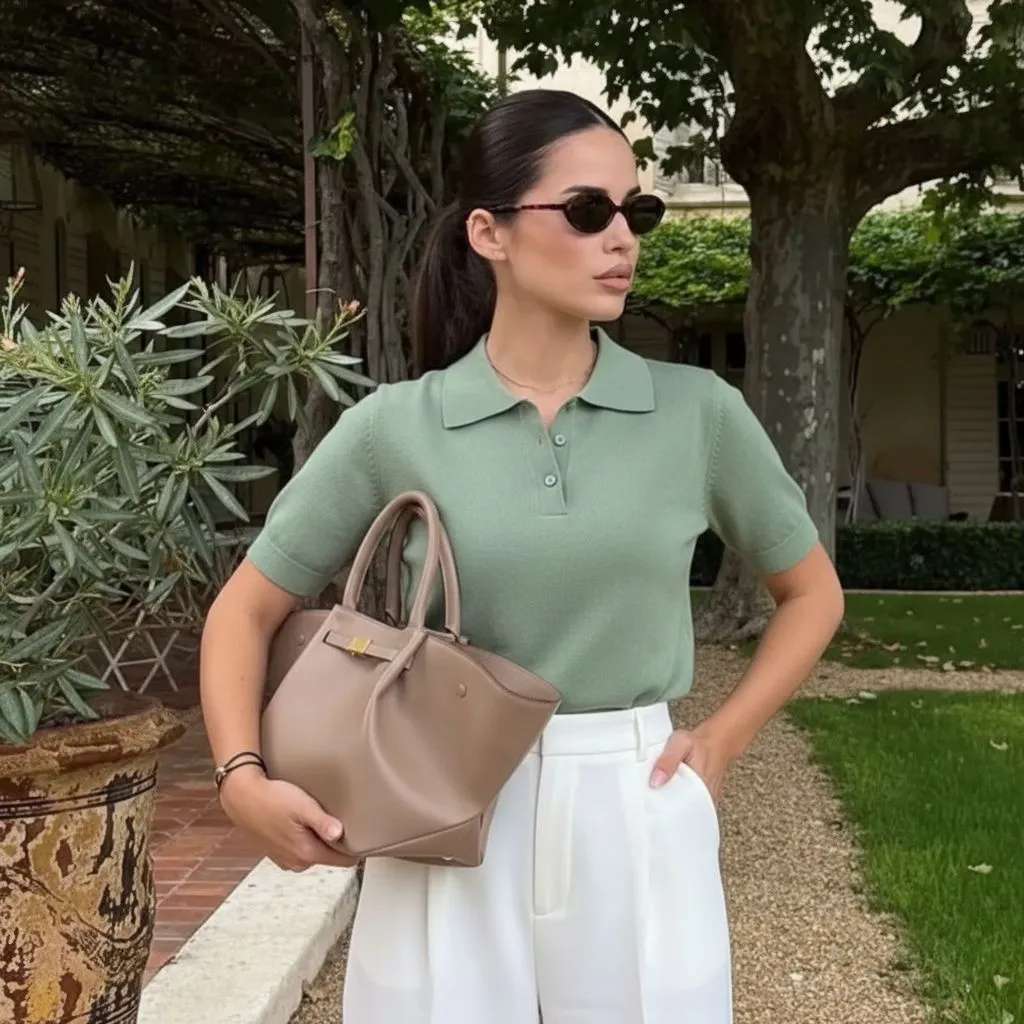 Woman wearing a sage green knit polo and white trousers for professional summer workwear.