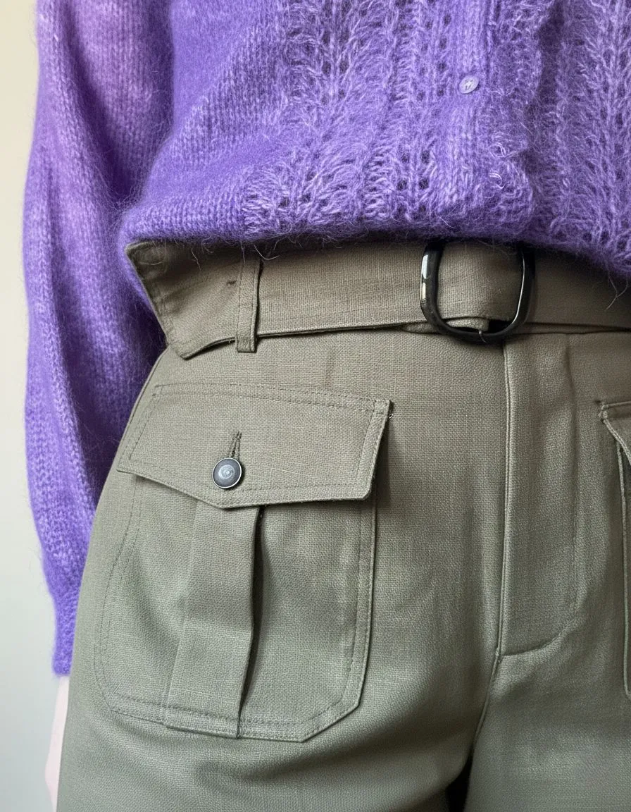 Close up of sage green linen trousers and lavender mohair cardigan textures