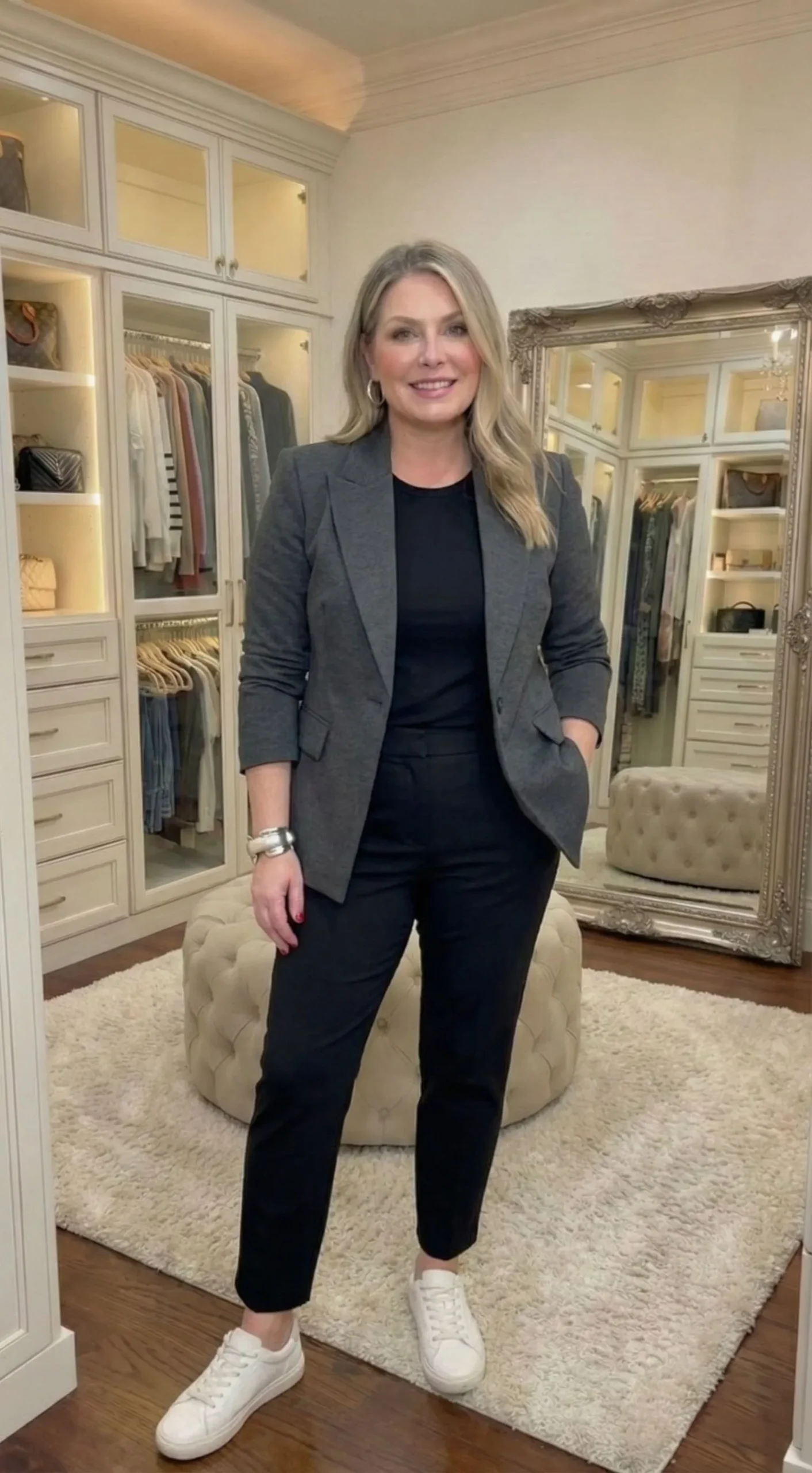 Charcoal grey structured jacket with sharp lapels for silhouette lengthening