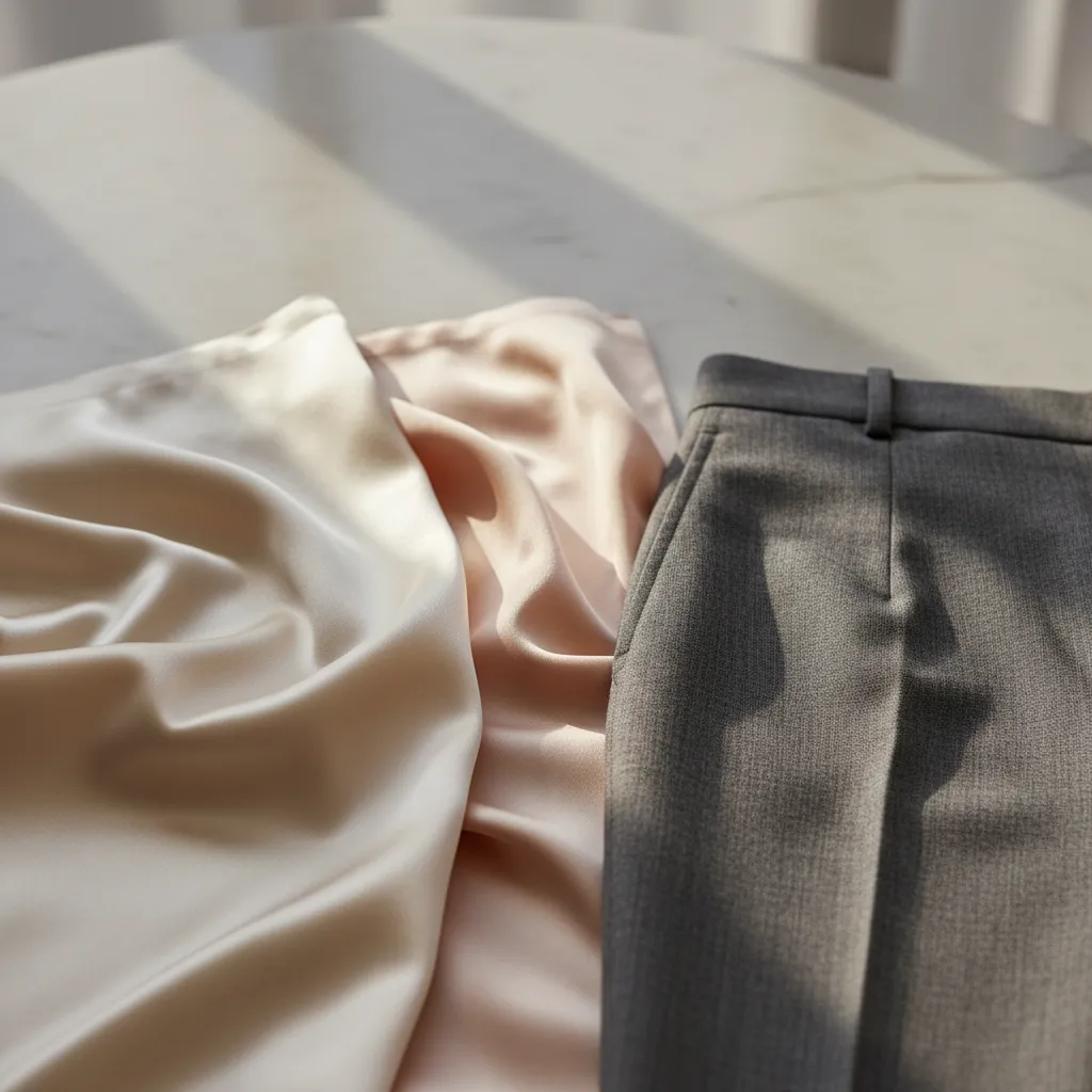 Close-up of ivory and peach silk fabrics next to trouser materials.