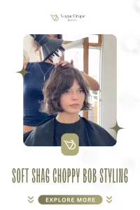 Woman with a textured soft shag choppy bob hairstyle featuring flat iron waves and a matte finish.