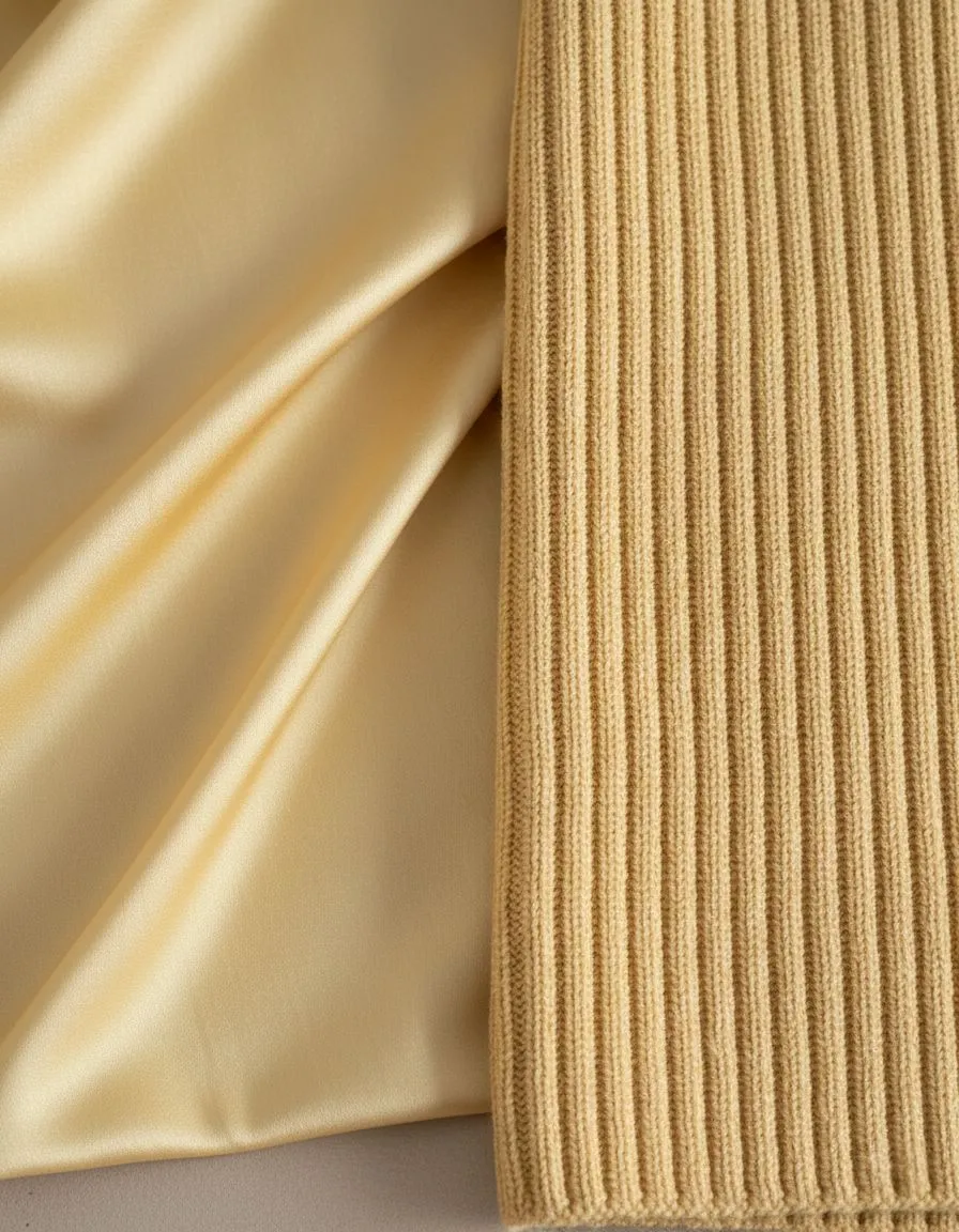 Close up of butter yellow silk and ribbed knit fabric textures