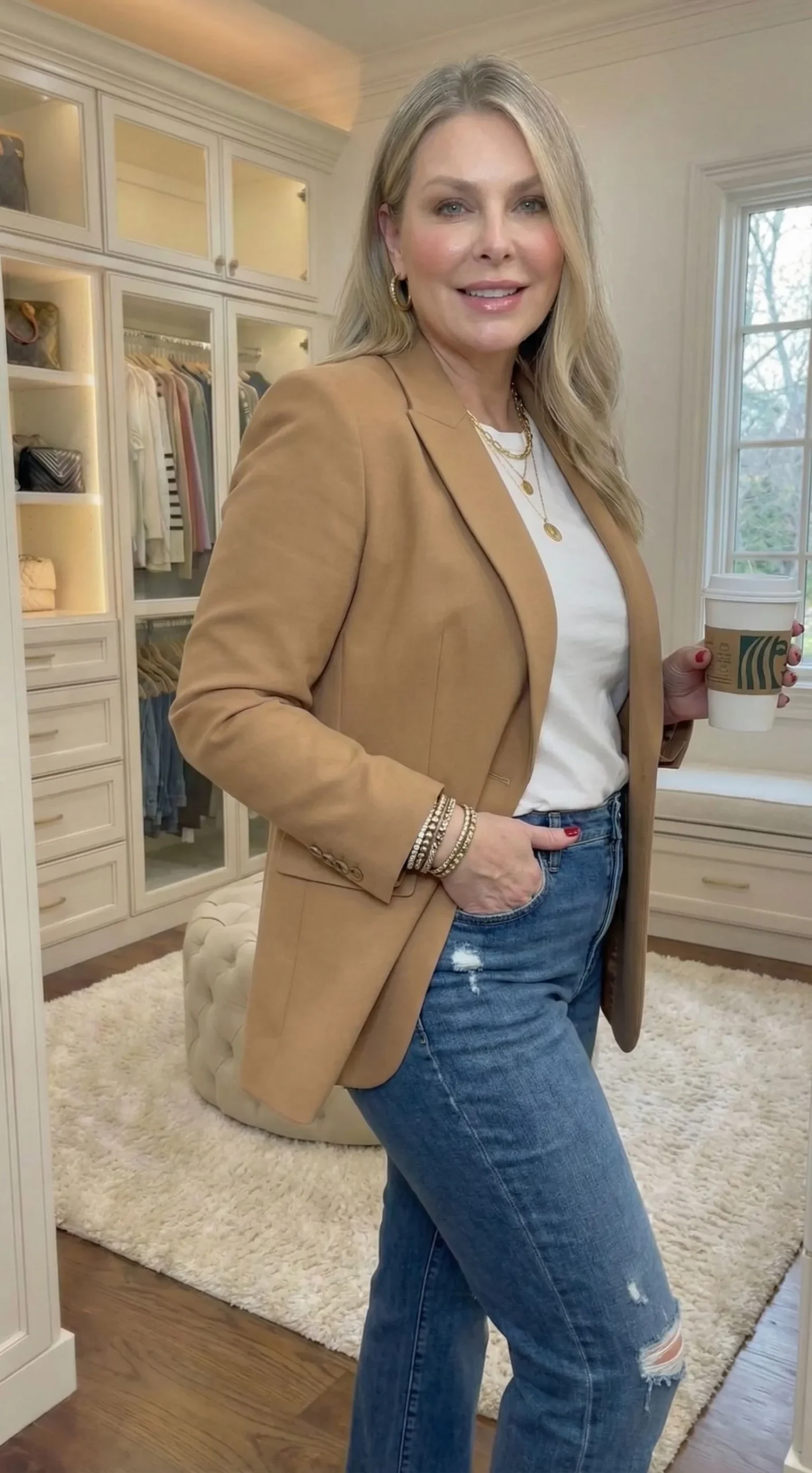 Plus size street style look with camel blazer and straight leg jeans