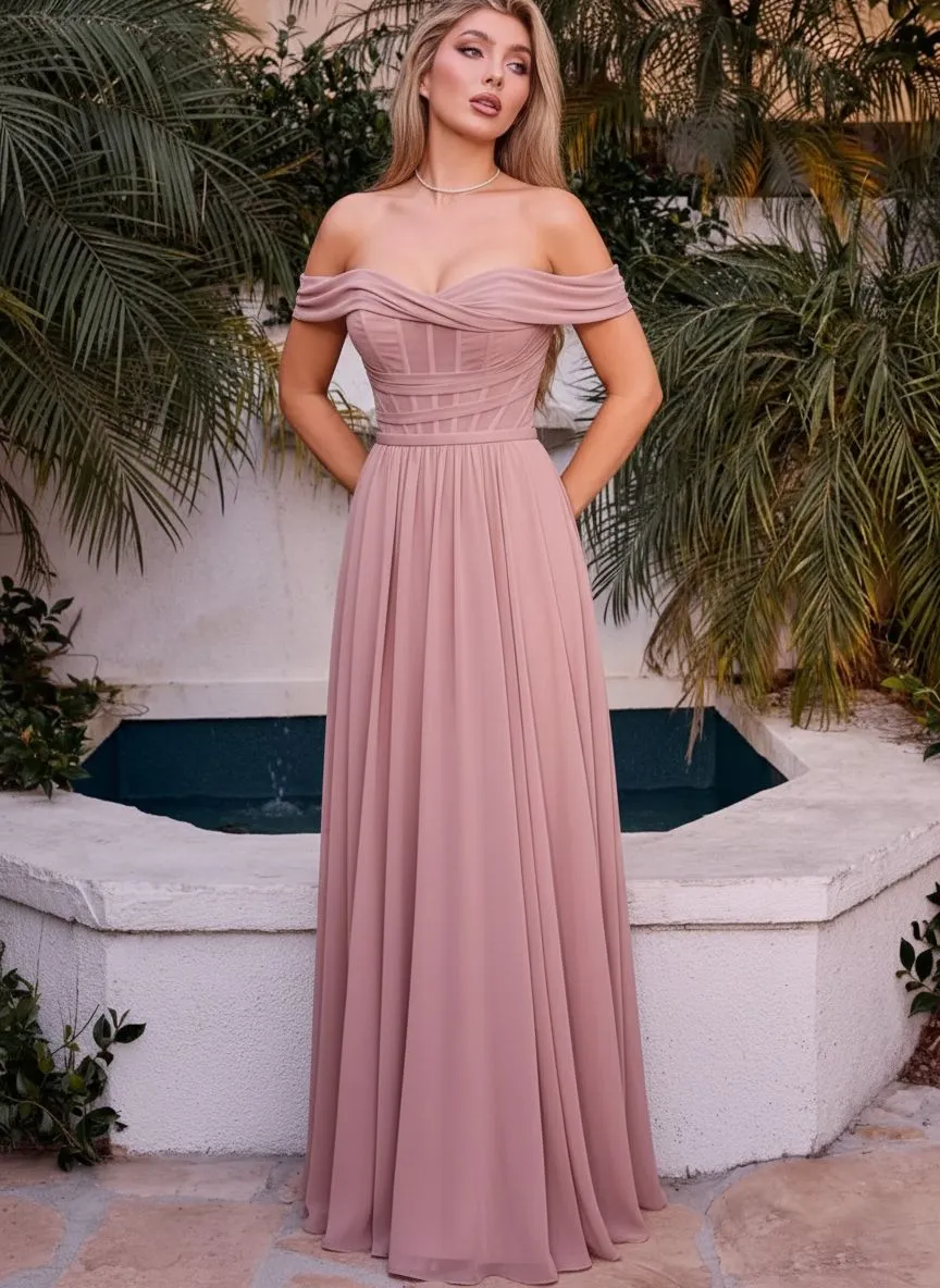 Dusty rose off the shoulder bridesmaid dress for broad shoulders