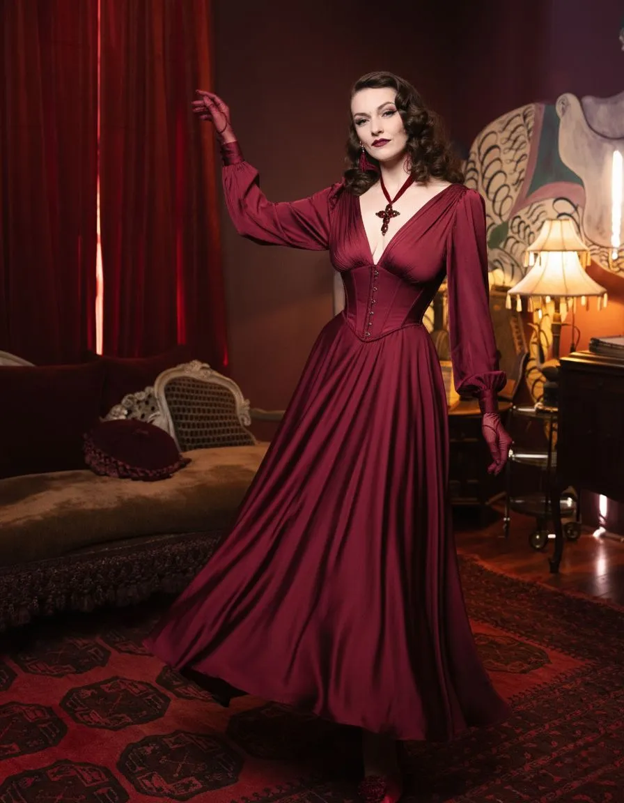 Model in corseted burgundy silk dress with sheer gloves
