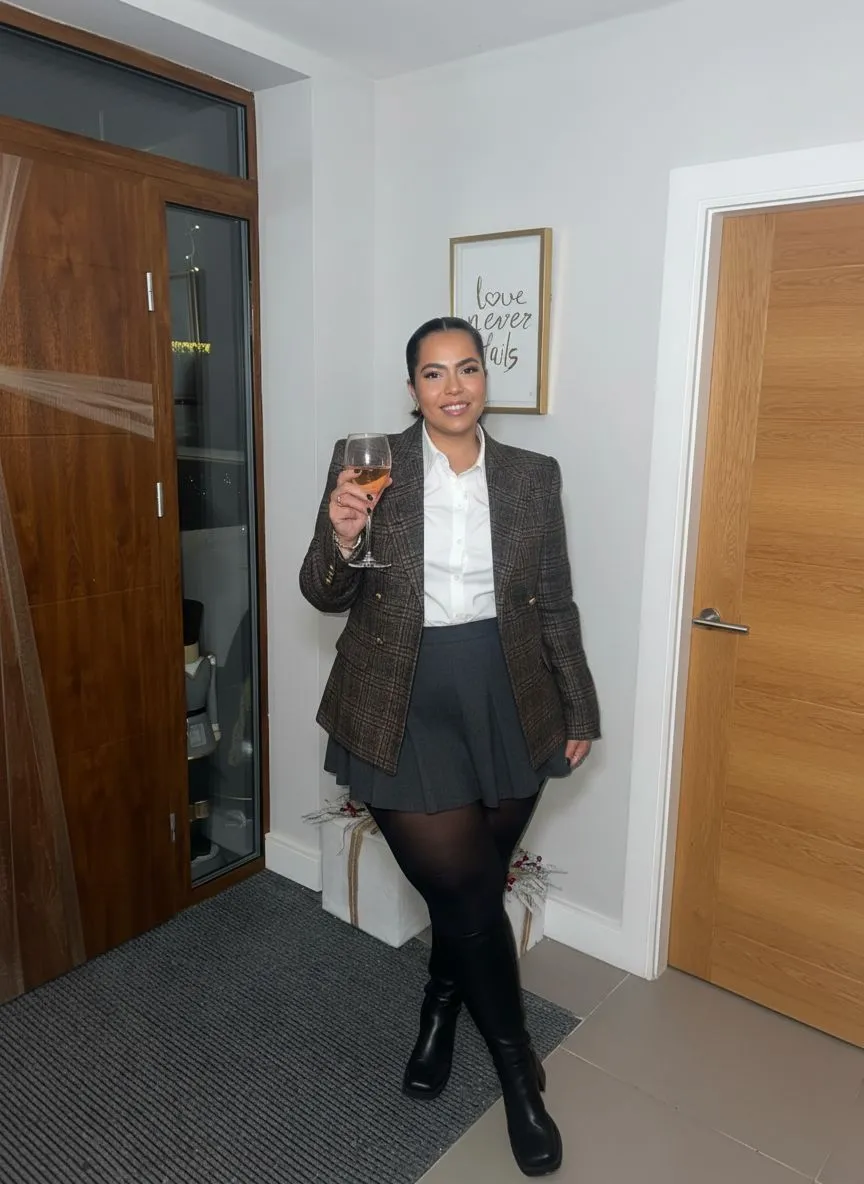 Plus size model in a pleated plaid midi skirt and silk blouse