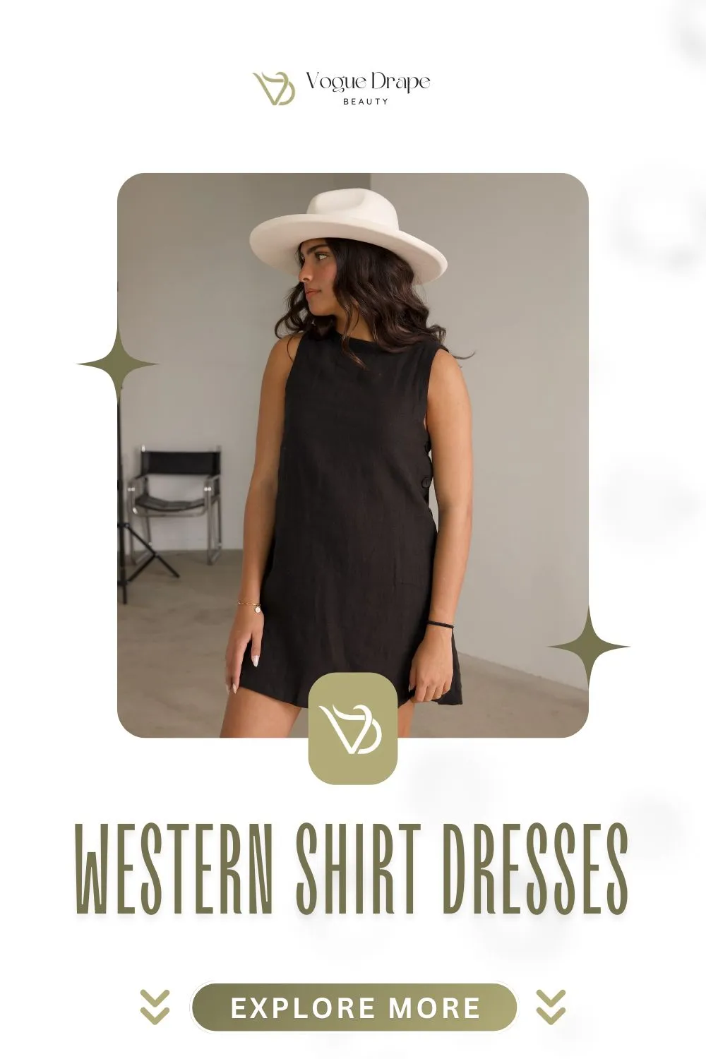 A woman wearing a structured dark indigo denim western shirt dress styled with accessories for a day-to-night look.