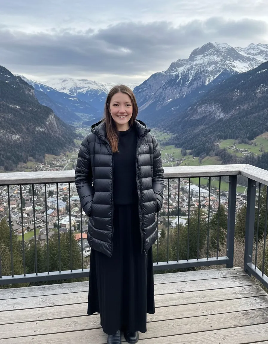 Woman wearing a glossy black packable down jacket on a Swiss mountain viewing platform