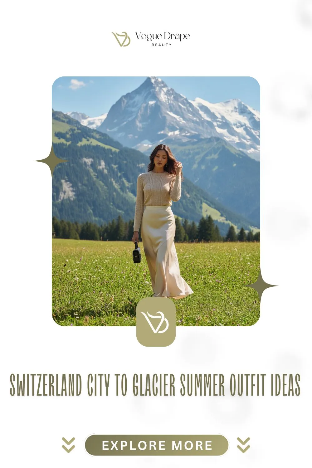 A chic woman in a merino wool top and green satin skirt with the Swiss Alps in the background.