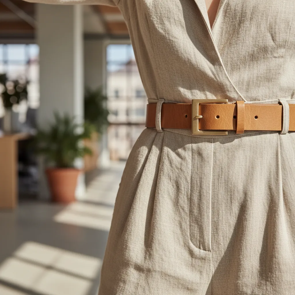 Close up of a leather belt on a beige linen jumpsuit