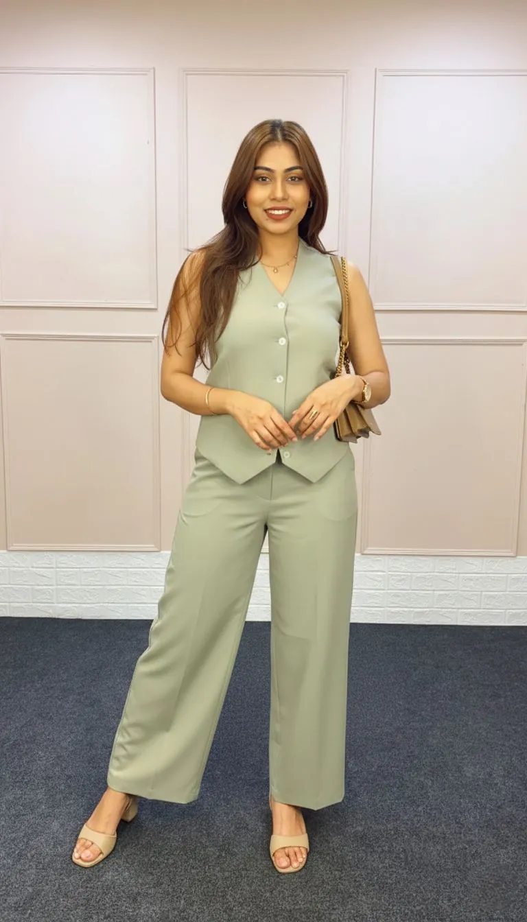 A professional woman wearing a sage green tailored waistcoat and wide-leg trousers.