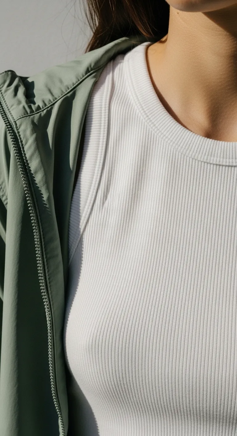 Close up texture of sage green technical trousers and white cotton ribbed tank