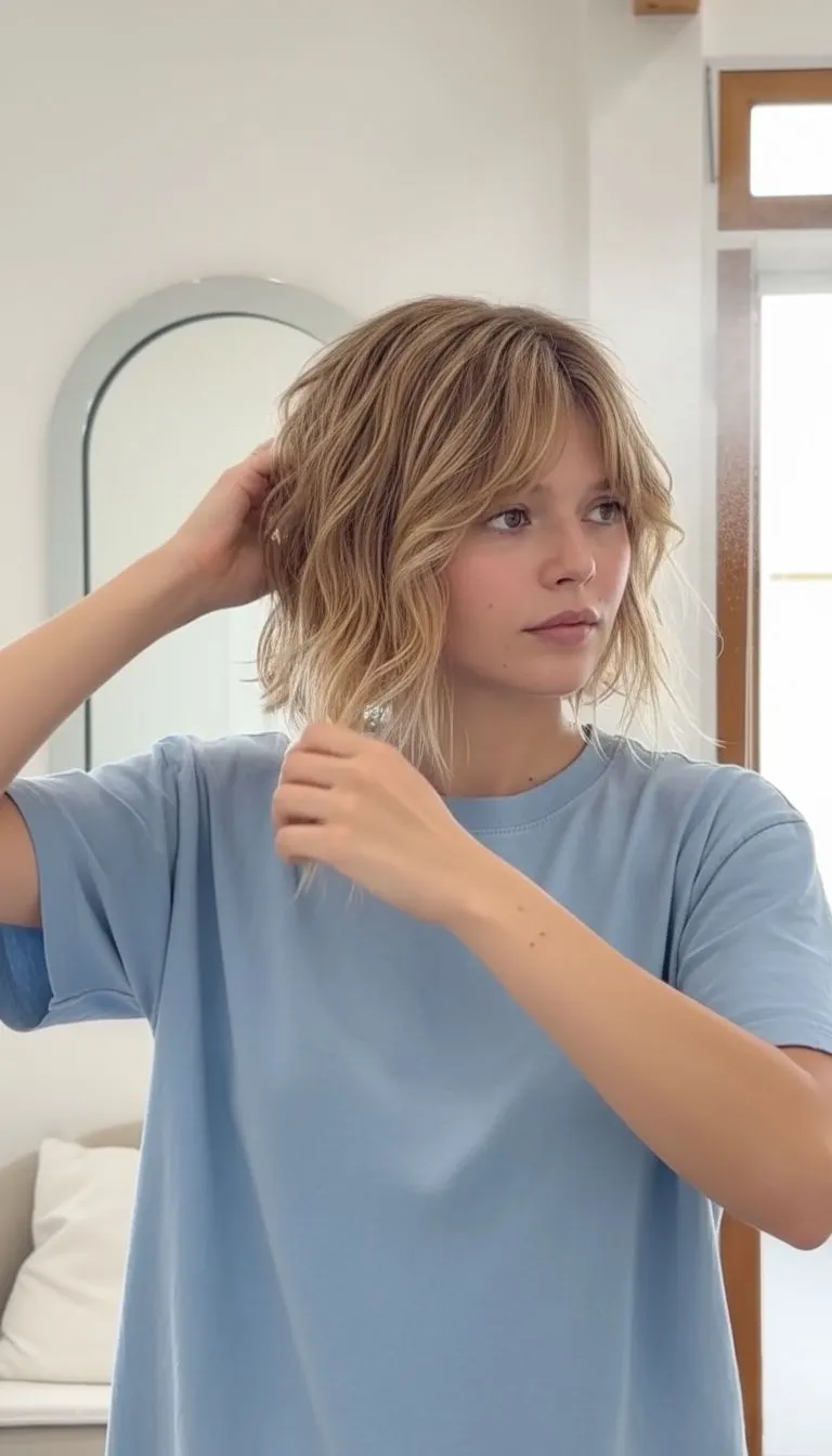 Model scrunching honey blonde choppy bob with sea salt spray for textured waves