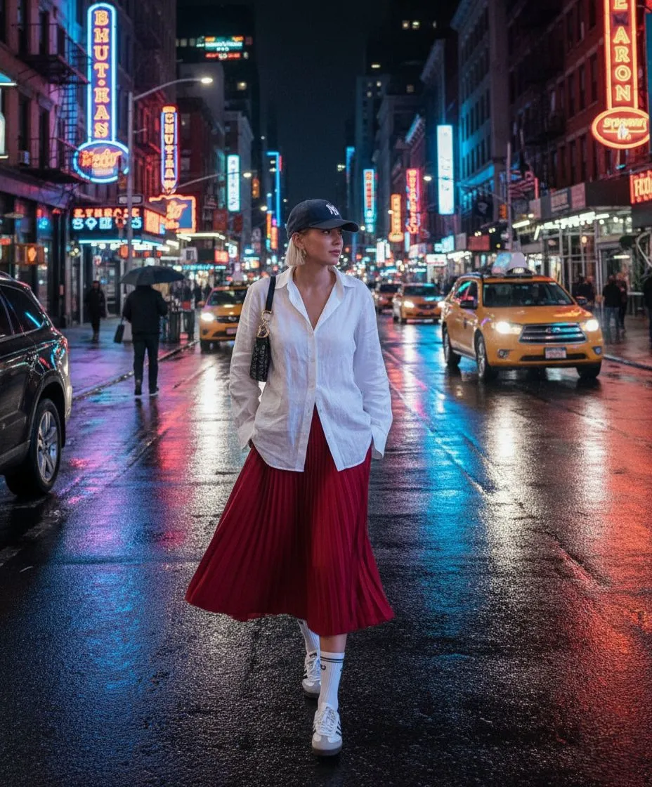 Woman in crimson skirt and white linen shirt walking through a neon lit city street