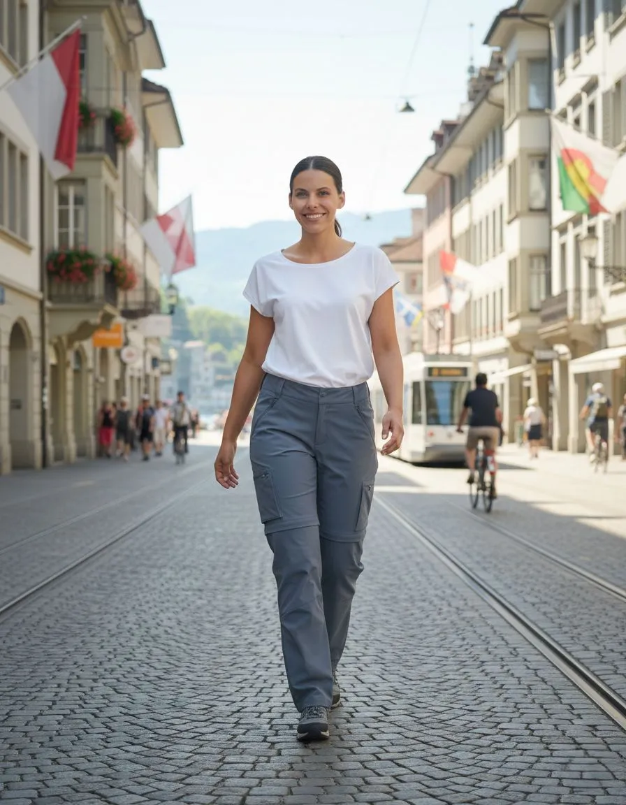 Woman wearing slate grey water resistant trousers and white cotton top walking in Zurich