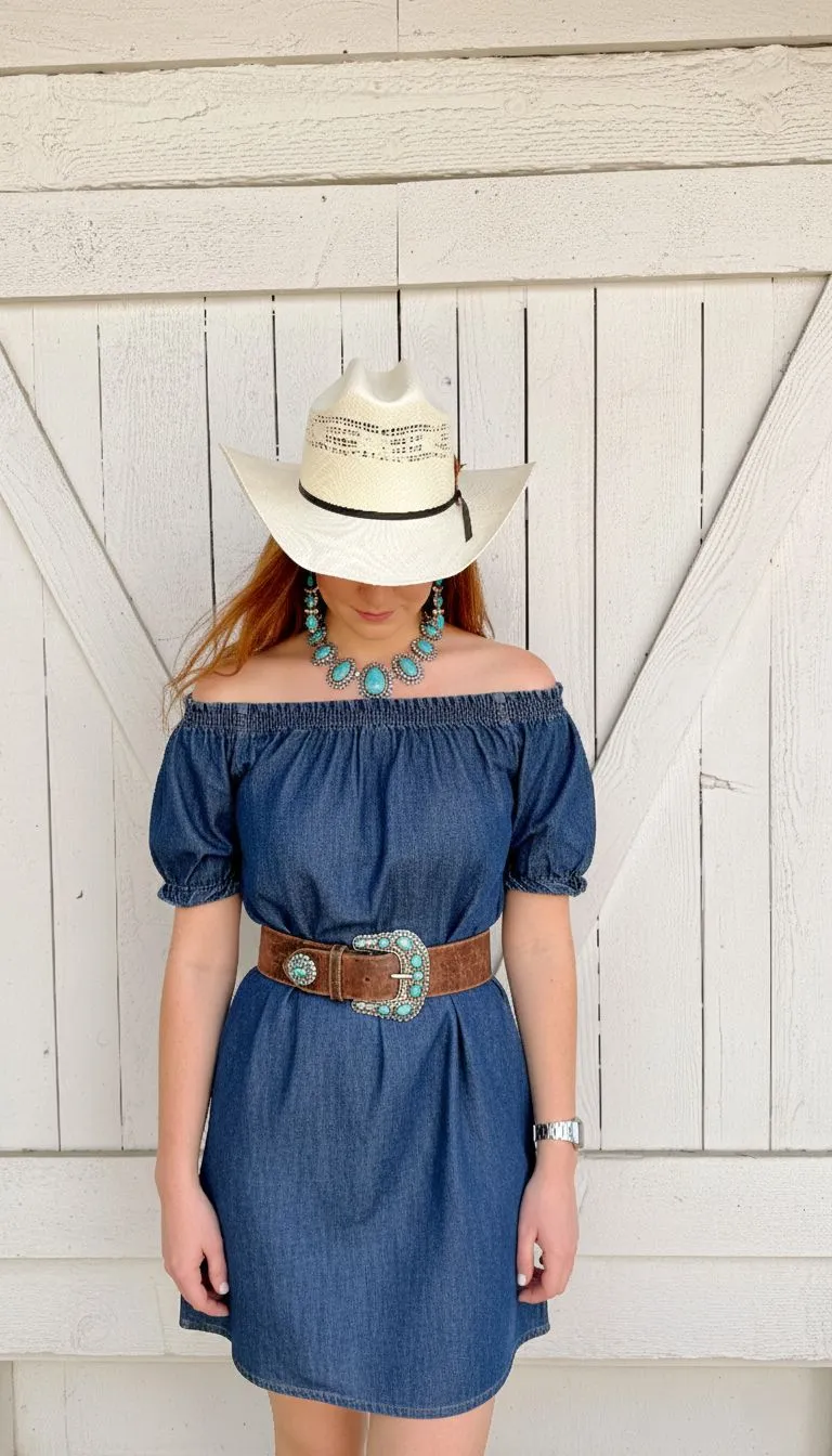 Silver turquoise jewelry and leather belt paired with a denim off-the-shoulder dress