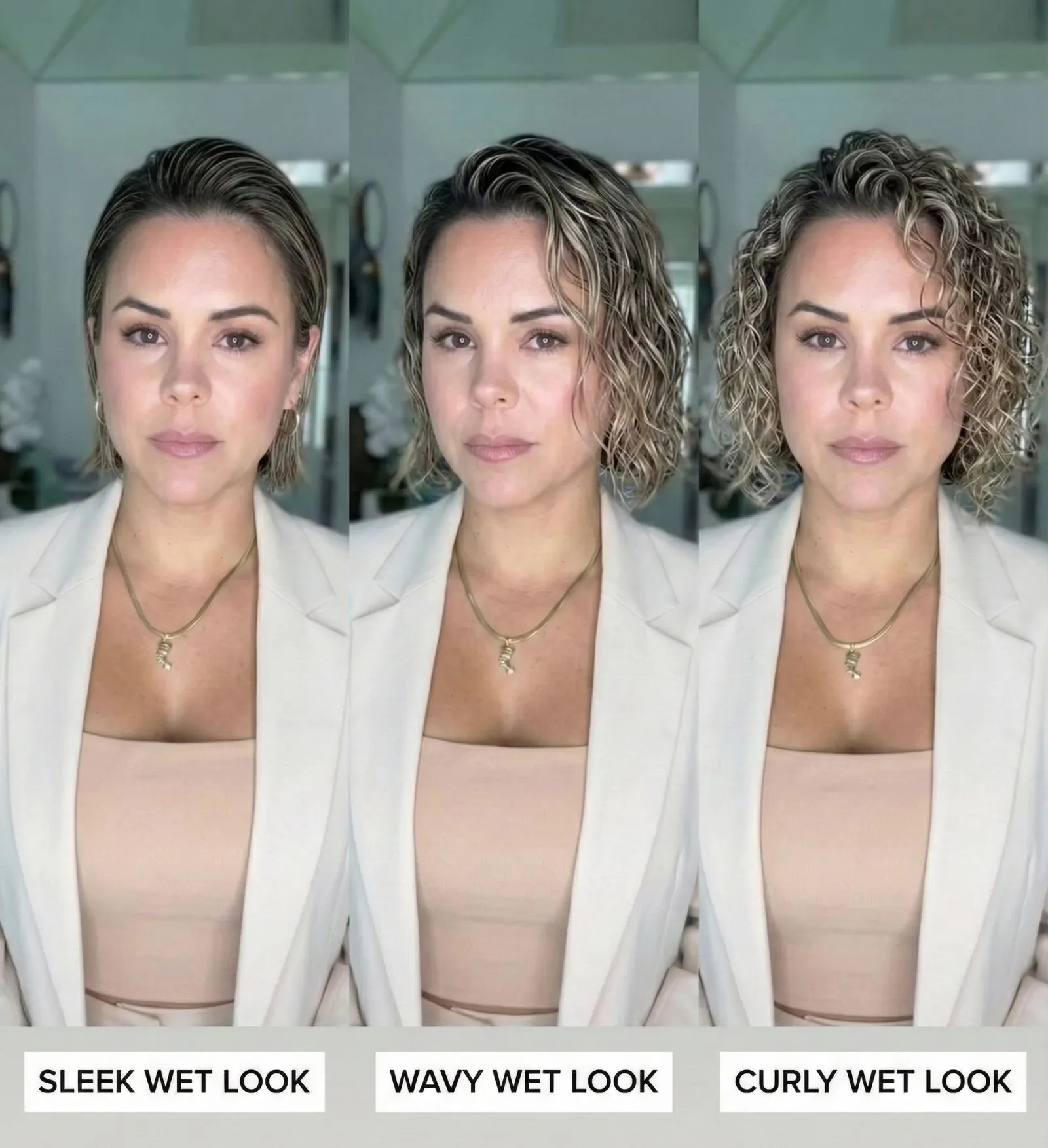 Straight wavy and coily hair wearing wet look style