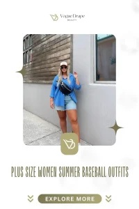 A stylish plus-size woman wearing a breathable white cotton poplin shirt at a summer baseball game.