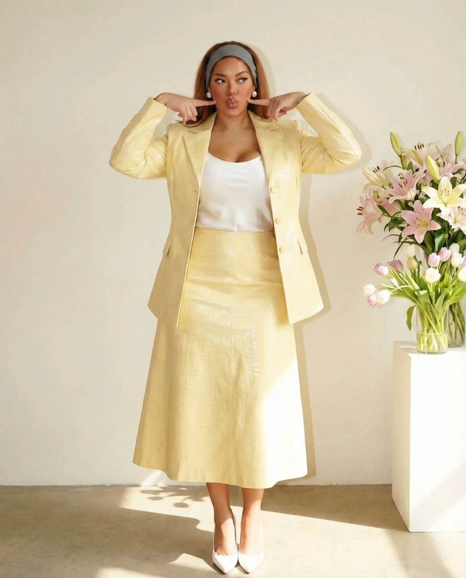 Black woman wearing elegant butter yellow midi skirt suit for Easter