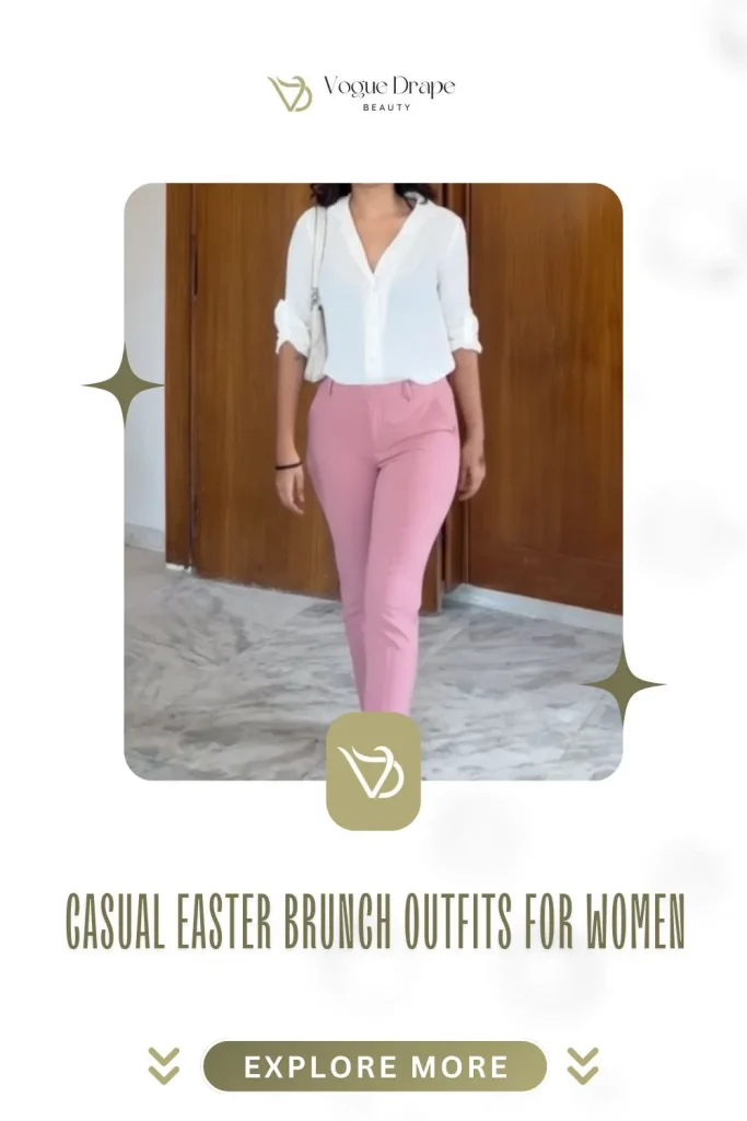 A stylish woman wearing white wide-leg jeans and a floral blouse for a casual Easter brunch.