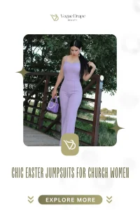 A woman wearing a chic pastel lilac tuxedo jumpsuit for Easter church services.