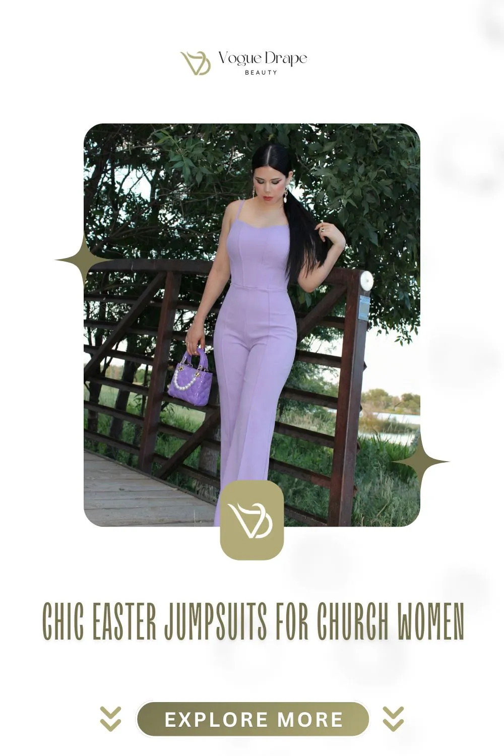 A woman wearing a chic pastel lilac tuxedo jumpsuit for Easter church services.