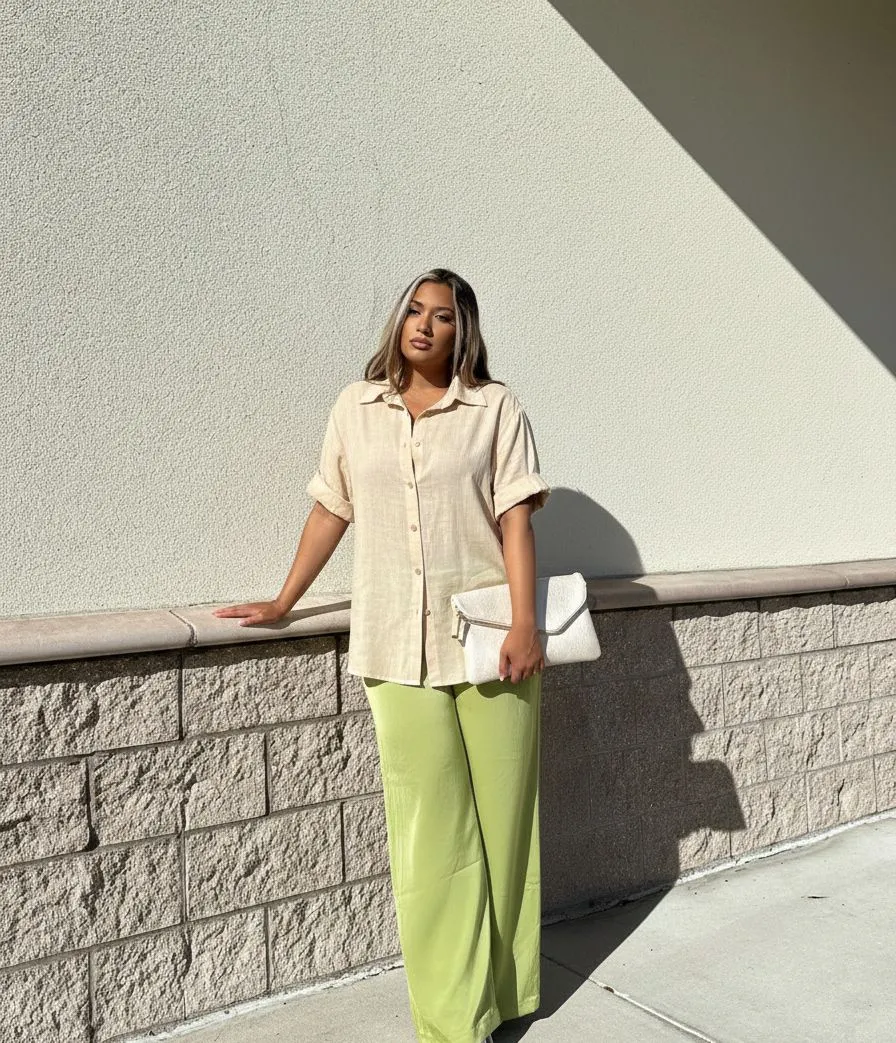 Plus size woman wearing a stylish bamboo button-down at a game