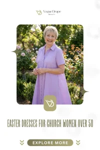 A woman over 50 wearing an elegant floral wrap midi dress for an Easter church service.