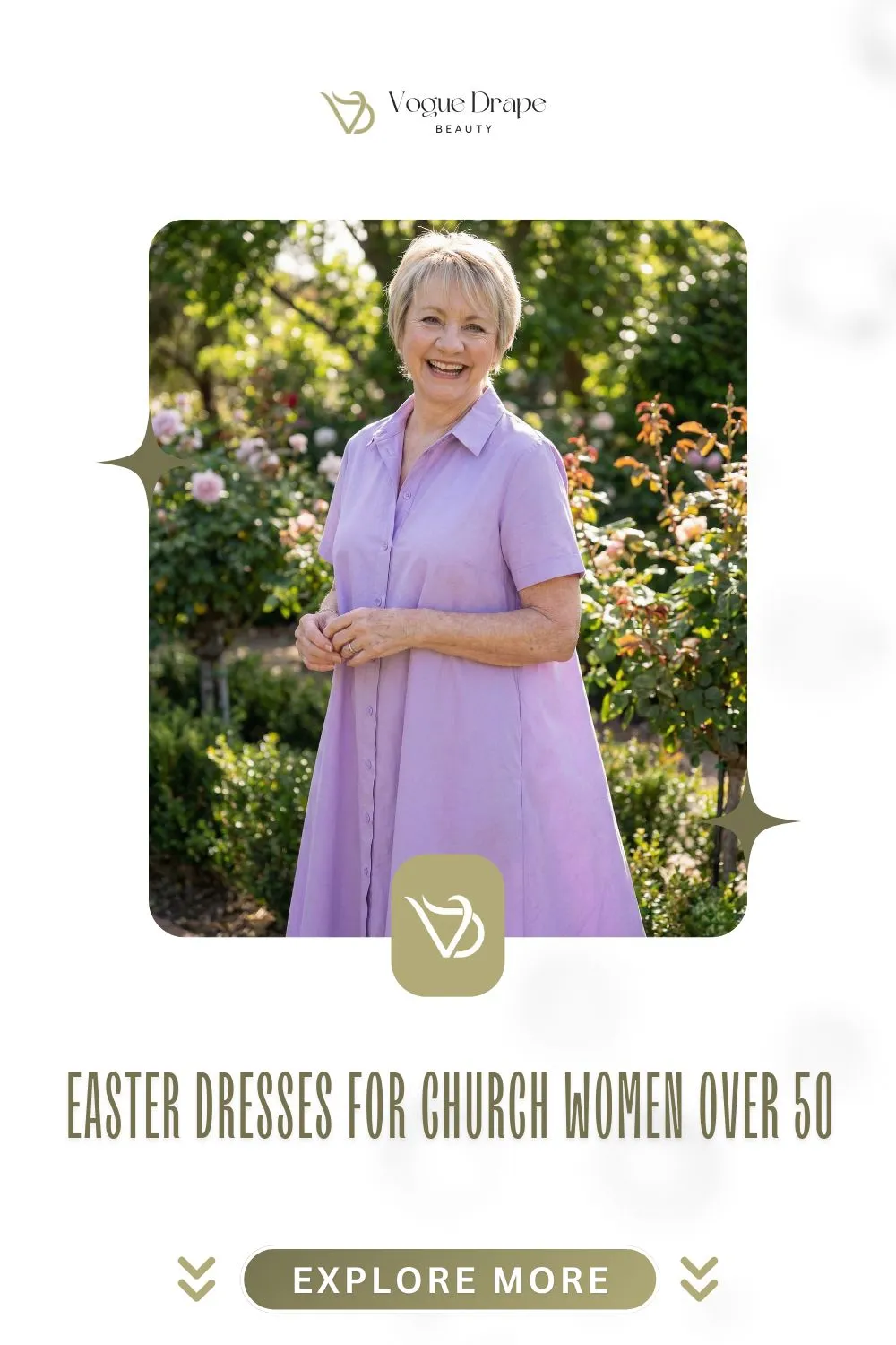 A woman over 50 wearing an elegant floral wrap midi dress for an Easter church service.