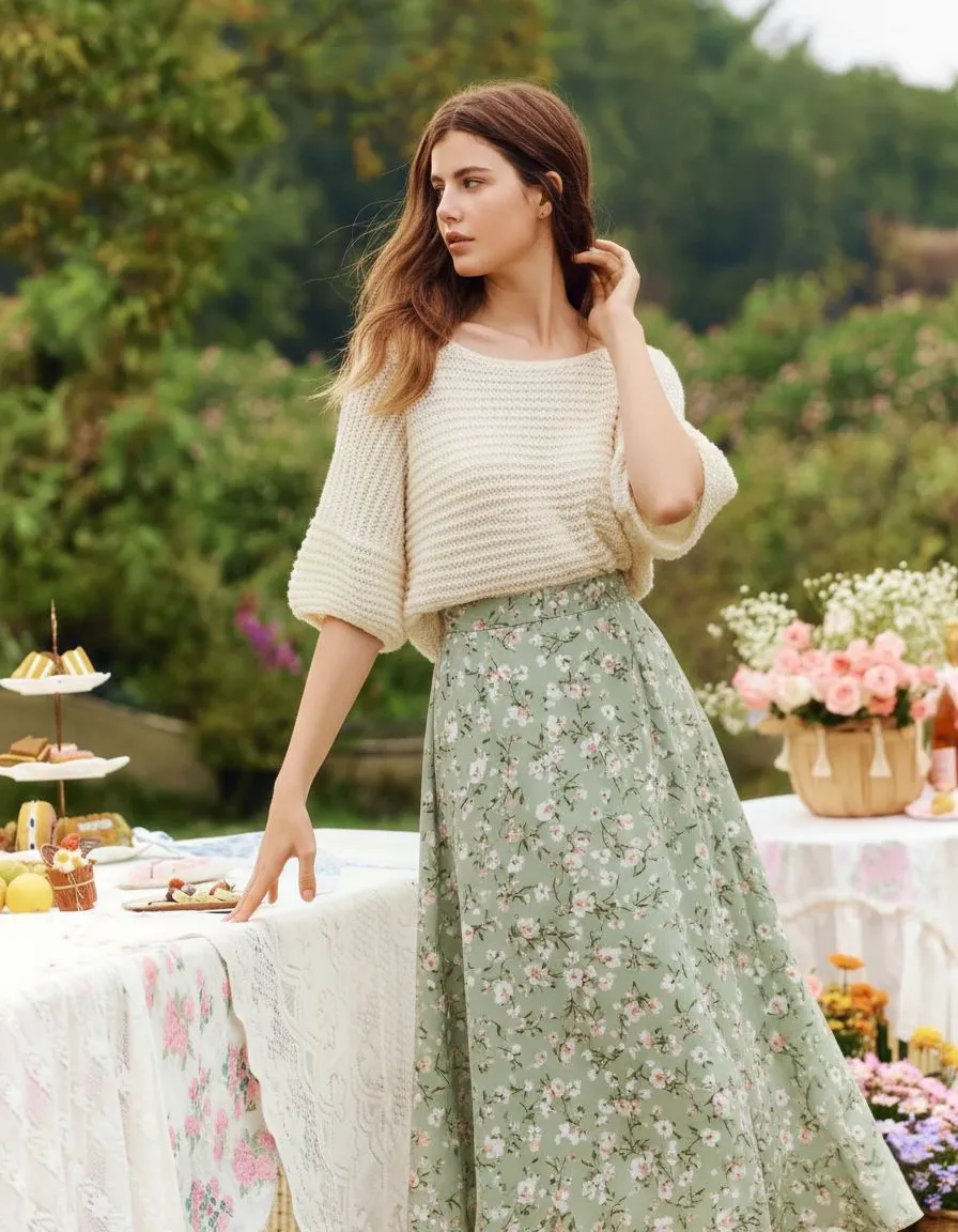Woman wearing sage green floral maxi skirt and cream knit top for Easter garden party