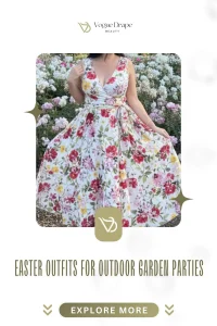Stylish woman wearing a flowy floral midi dress and block heels in a lush garden, showcasing Easter Outfits for Outdoor Garden Parties: Casual & Elegant.