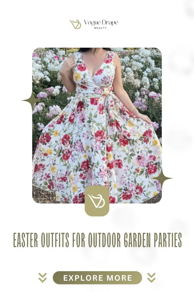Stylish woman wearing a flowy floral midi dress and block heels in a lush garden, showcasing Easter Outfits for Outdoor Garden Parties: Casual & Elegant.