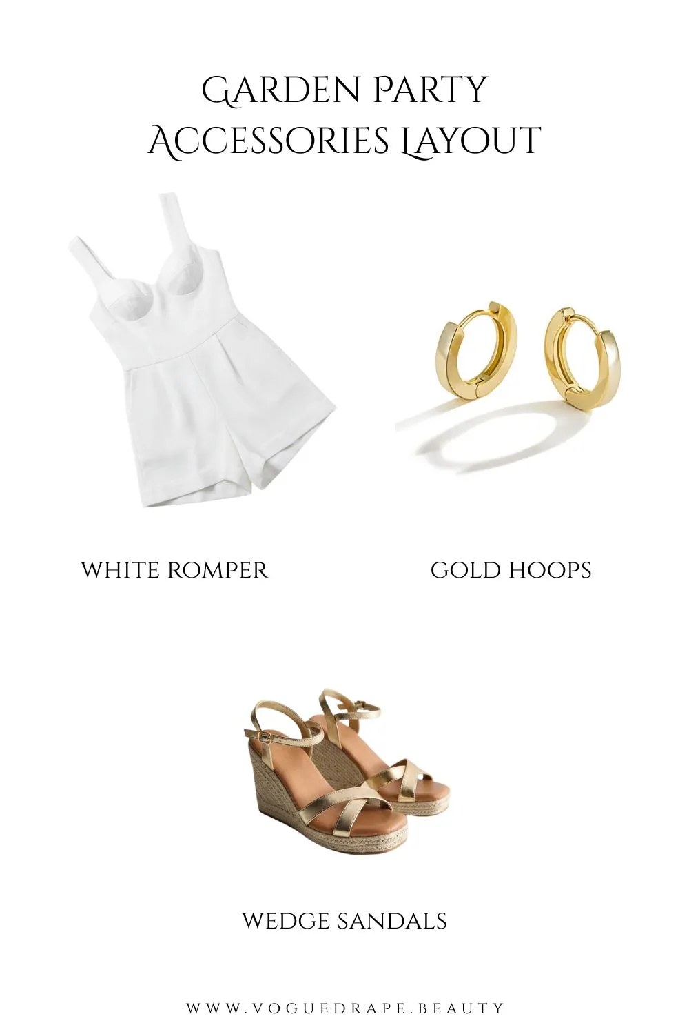 Flat lay of white romper with gold hoops and wedge sandals