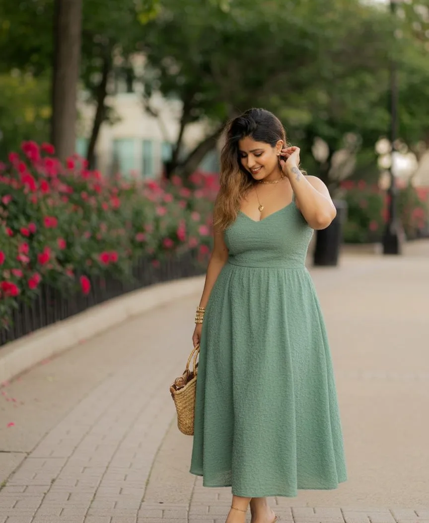 Plus size woman in a green seersucker dress at a stadium