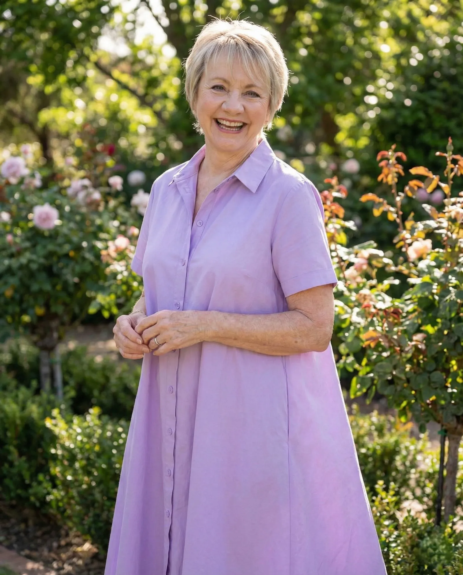 Smiling woman over 50 wearing a lavender cotton A-line shirt dress in a garden setting