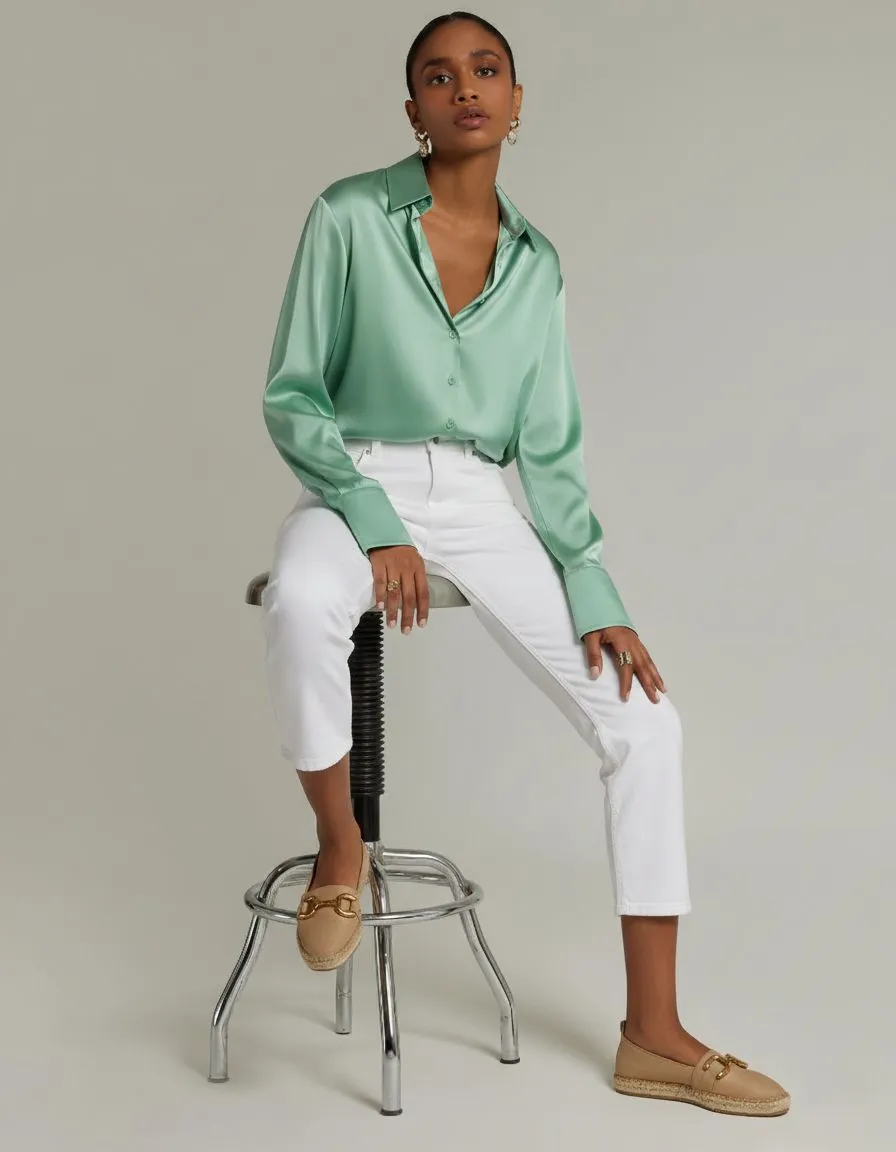Mint green silk satin blouse fabric contrasting with white denim texture