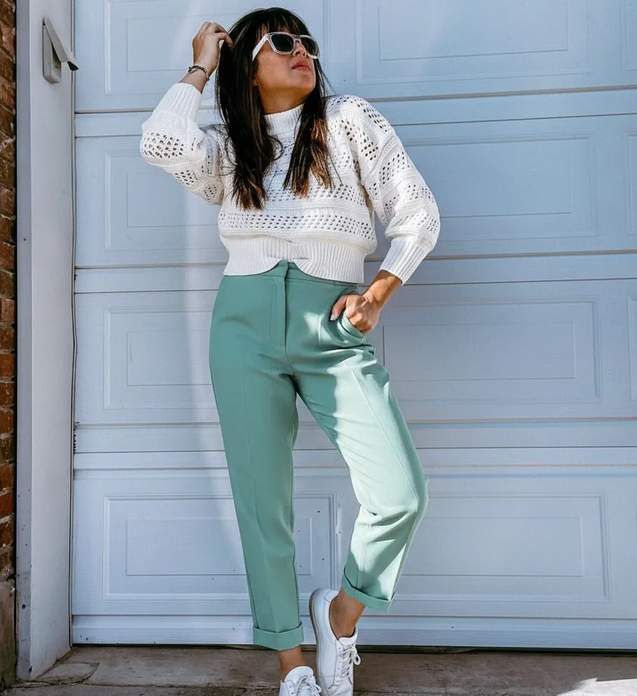 Woman wearing mint cigarette pants and cream knit sweater for Easter brunch