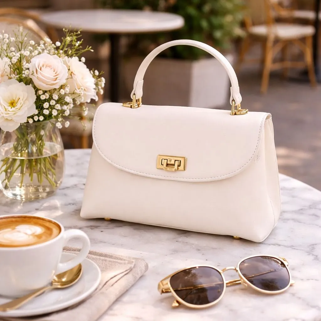 White pearl necklace and nude heels styled with lilac tweed fabric