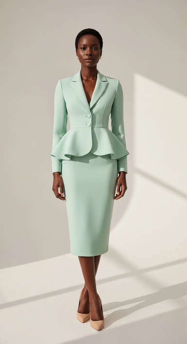 Full length view of mint peplum suit showing hourglass silhouette on a curvy figure