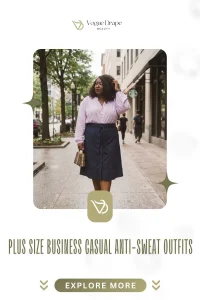 A stylish plus-size model wearing a navy blue moisture-wicking business casual dress in a sunny city setting.