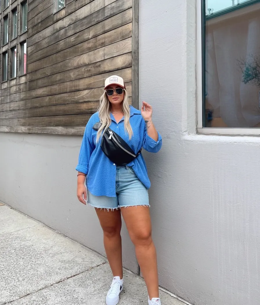 Plus size woman wearing a blue seersucker shirt at a baseball game