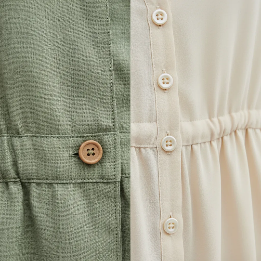 Close-up of sage green linen and cream crepe fabric textures