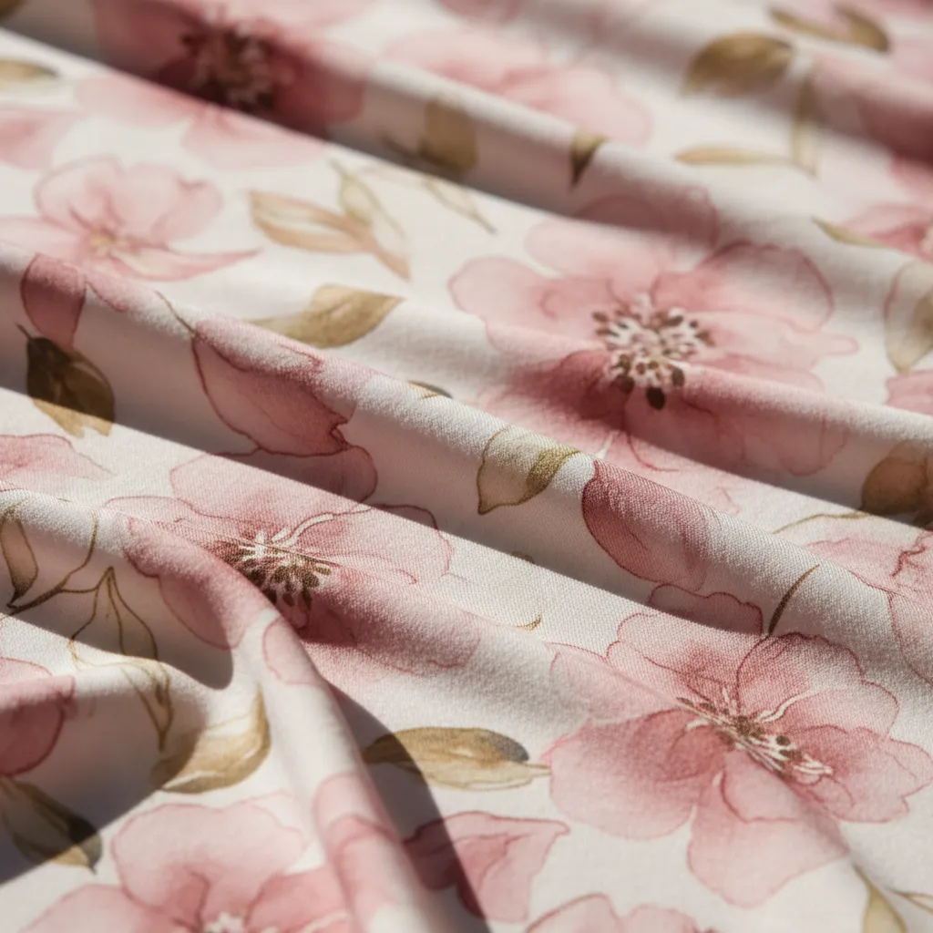 Close up texture of silk jersey fabric with dusty rose floral print