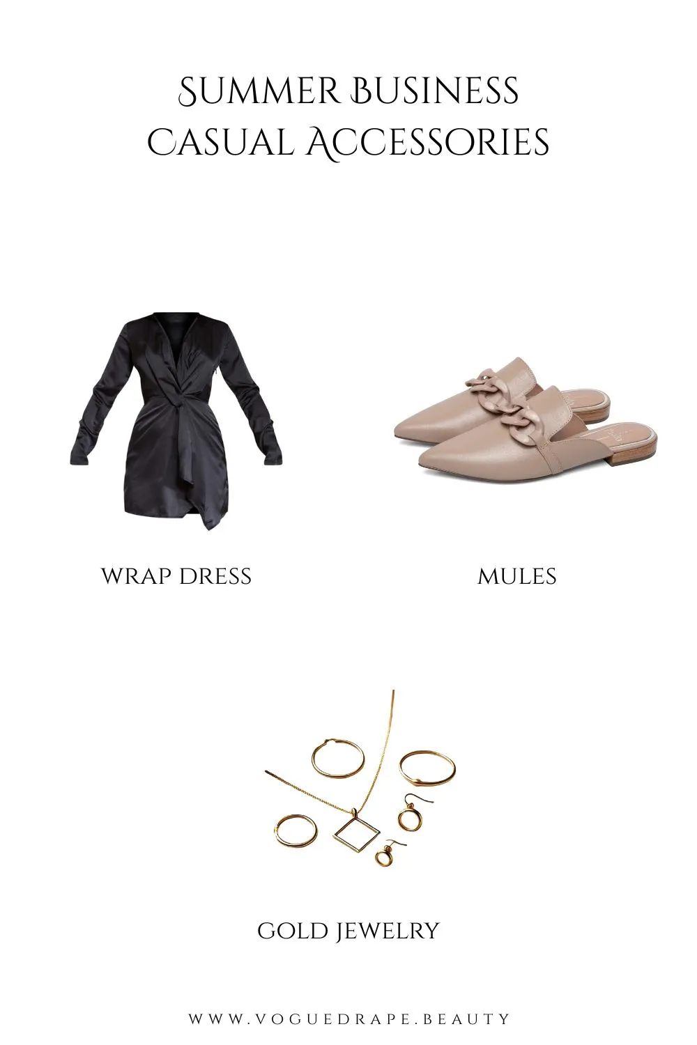 Accessories for styling a wrap dress including mules and gold jewelry